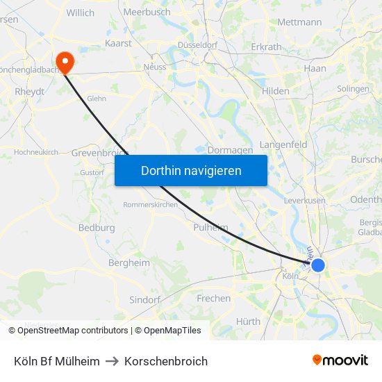 Köln Bf Mülheim to Korschenbroich map