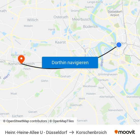 Heinr.-Heine-Allee U - Düsseldorf to Korschenbroich map