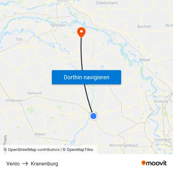 Venlo to Kranenburg map