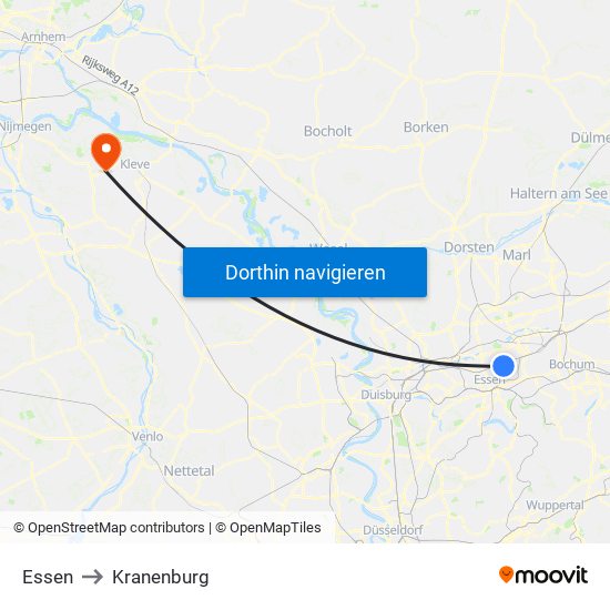 Essen to Kranenburg map