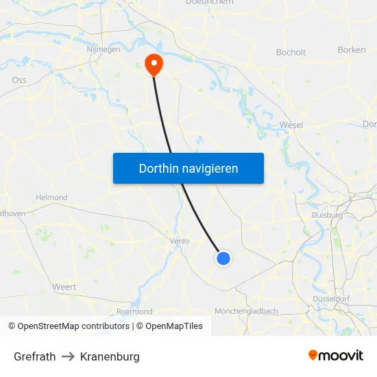 Grefrath to Kranenburg map