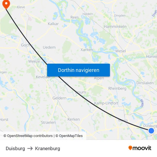 Duisburg to Kranenburg map