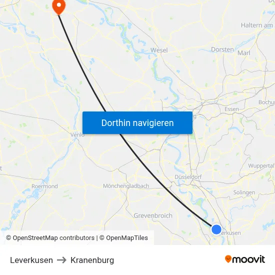 Leverkusen to Kranenburg map