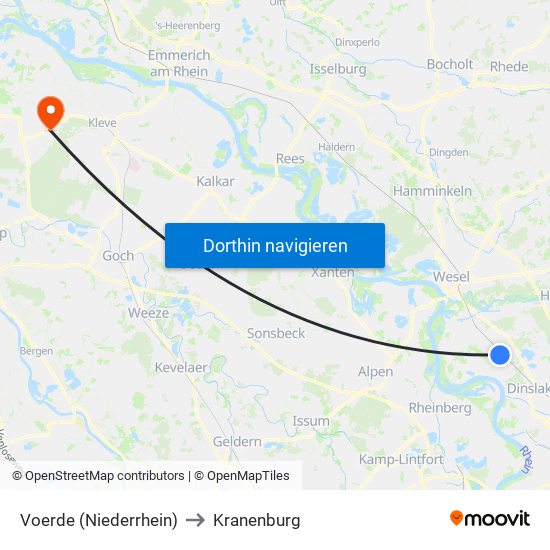 Voerde (Niederrhein) to Kranenburg map