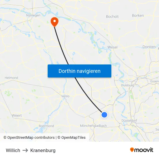 Willich to Kranenburg map