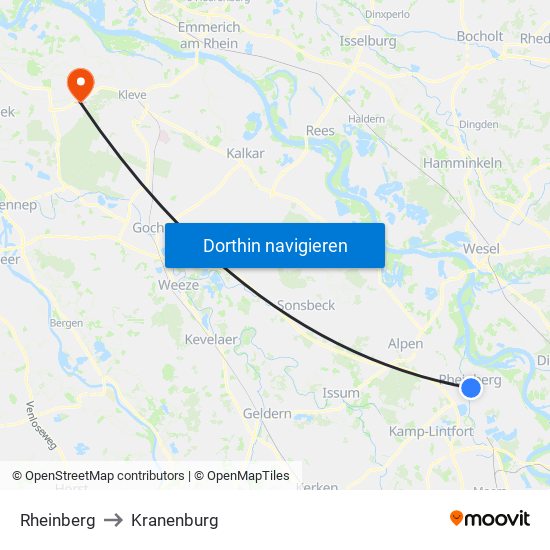 Rheinberg to Kranenburg map