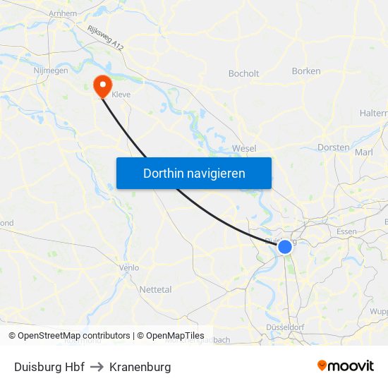 Duisburg Hbf to Kranenburg map