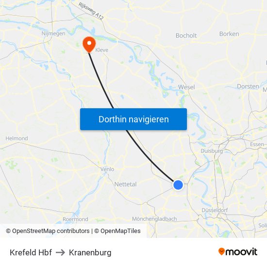 Krefeld Hbf to Kranenburg map