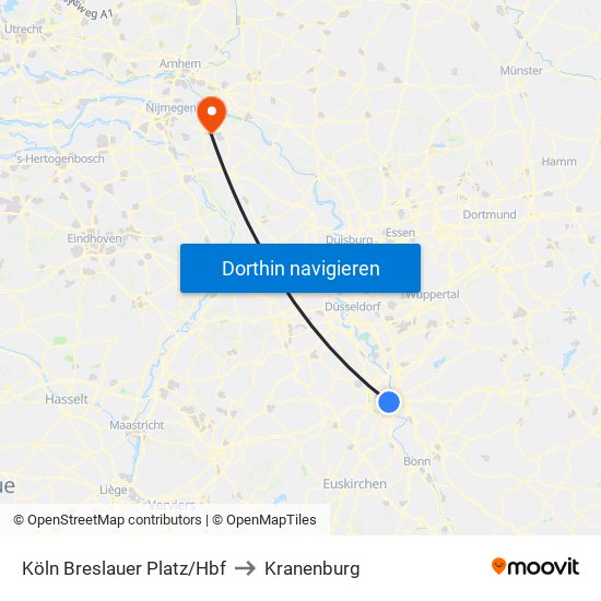 Köln Breslauer Platz/Hbf to Kranenburg map