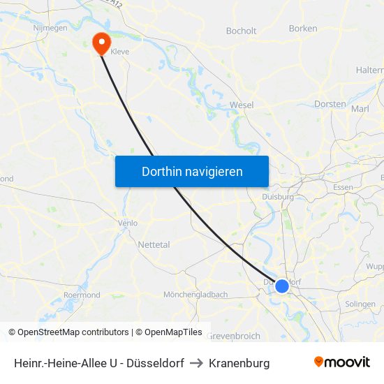 Heinr.-Heine-Allee U - Düsseldorf to Kranenburg map