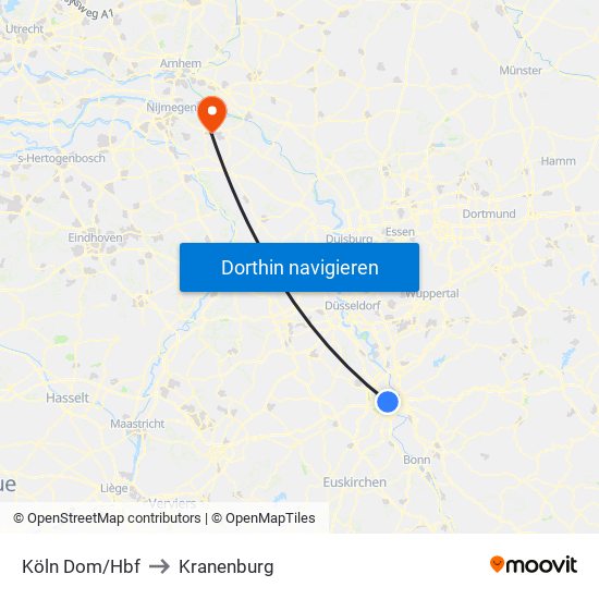 Köln Dom/Hbf to Kranenburg map