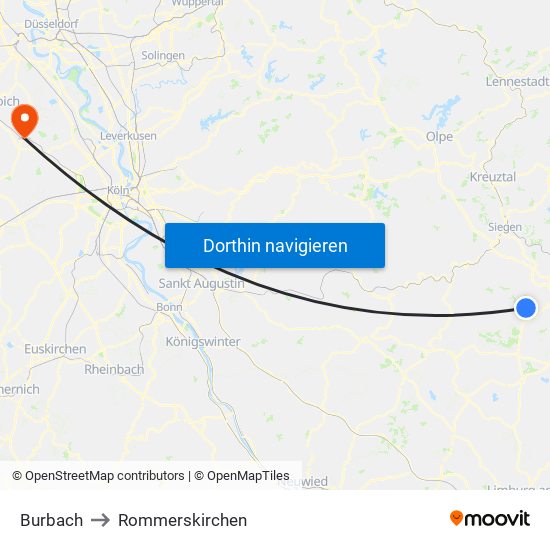 Burbach to Rommerskirchen map