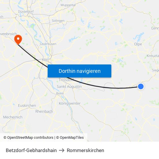 Betzdorf-Gebhardshain to Rommerskirchen map