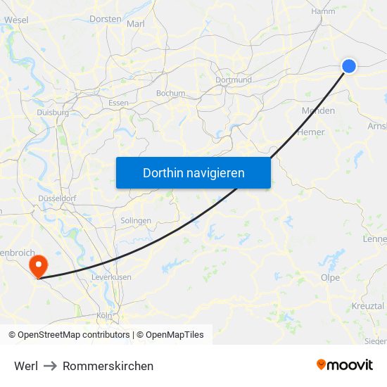 Werl to Rommerskirchen map