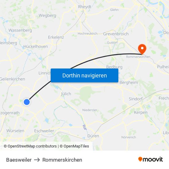 Baesweiler to Rommerskirchen map