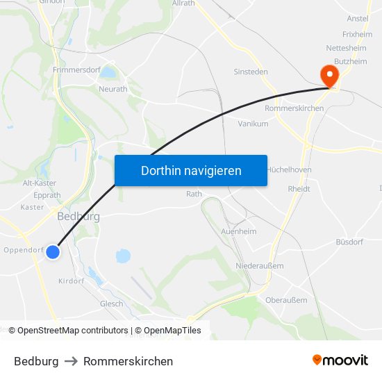 Bedburg to Rommerskirchen map