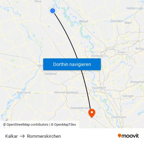 Kalkar to Rommerskirchen map