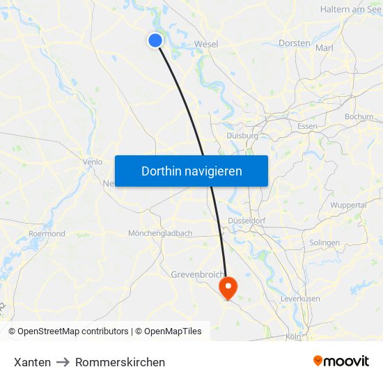 Xanten to Rommerskirchen map