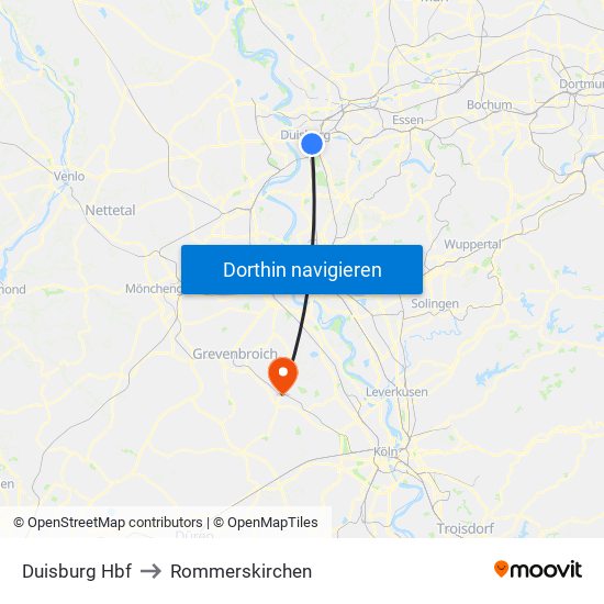 Duisburg Hbf to Rommerskirchen map