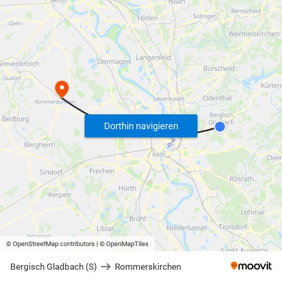 Bergisch Gladbach (S) to Rommerskirchen map