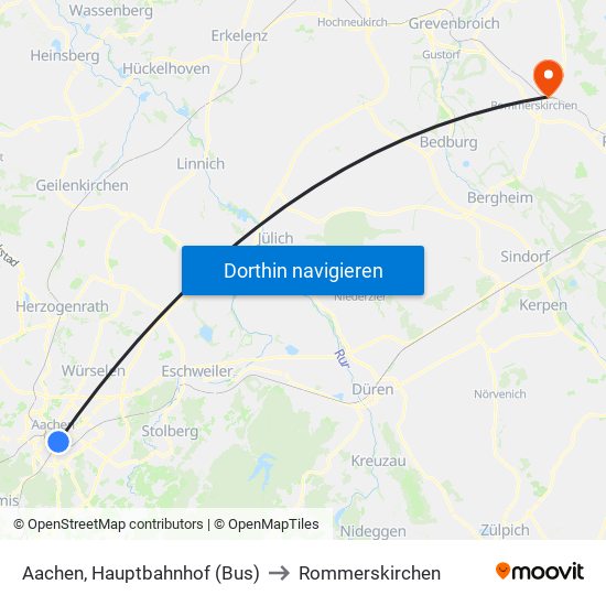 Aachen, Hauptbahnhof (Bus) to Rommerskirchen map