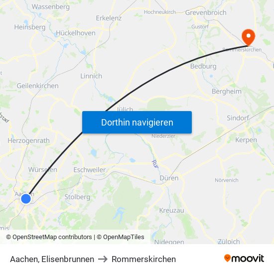 Aachen, Elisenbrunnen to Rommerskirchen map