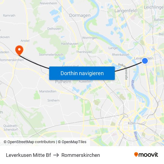 Leverkusen Mitte Bf to Rommerskirchen map