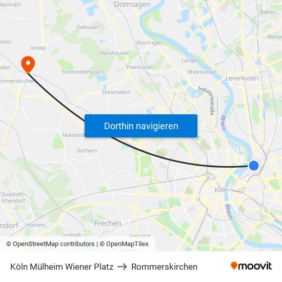 Köln Mülheim Wiener Platz to Rommerskirchen map