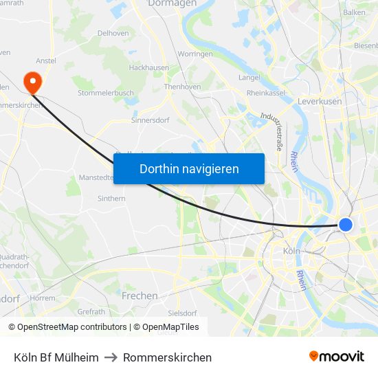 Köln Bf Mülheim to Rommerskirchen map