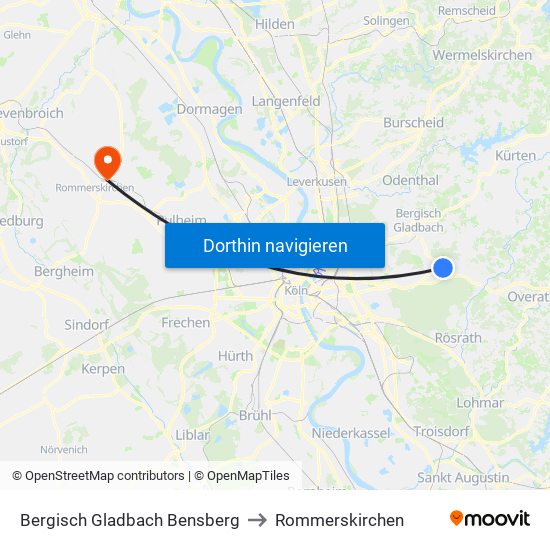 Bergisch Gladbach Bensberg to Rommerskirchen map