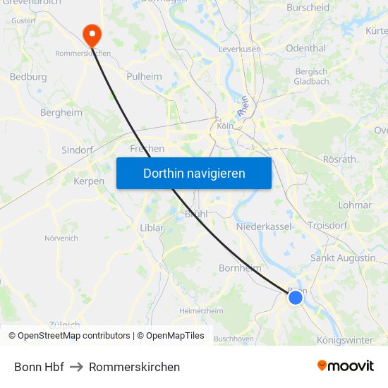 Bonn Hbf to Rommerskirchen map