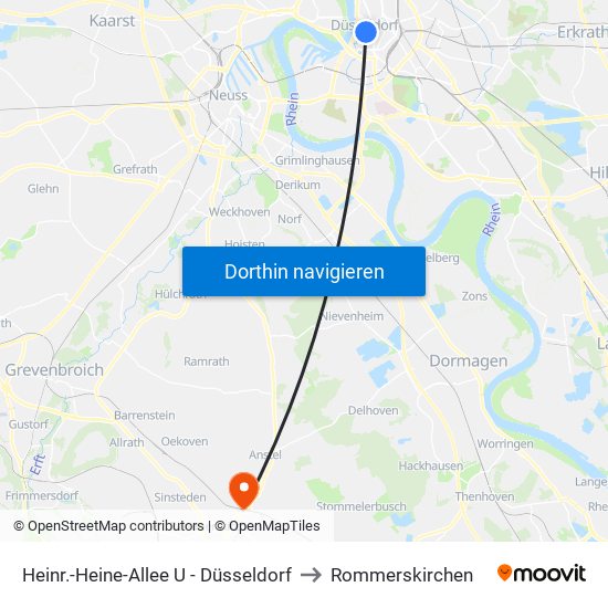 Heinr.-Heine-Allee U - Düsseldorf to Rommerskirchen map