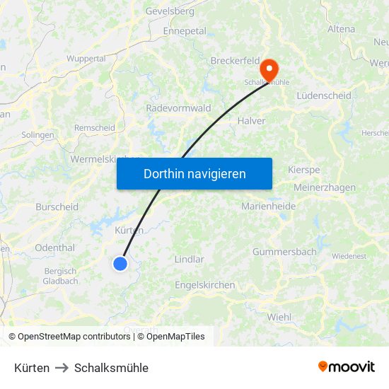 Kürten to Schalksmühle map