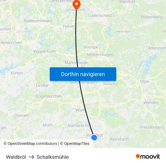 Waldbröl to Schalksmühle map