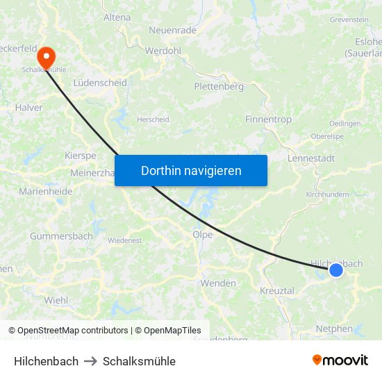 Hilchenbach to Schalksmühle map