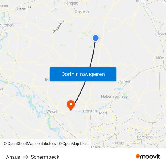 Ahaus to Schermbeck map