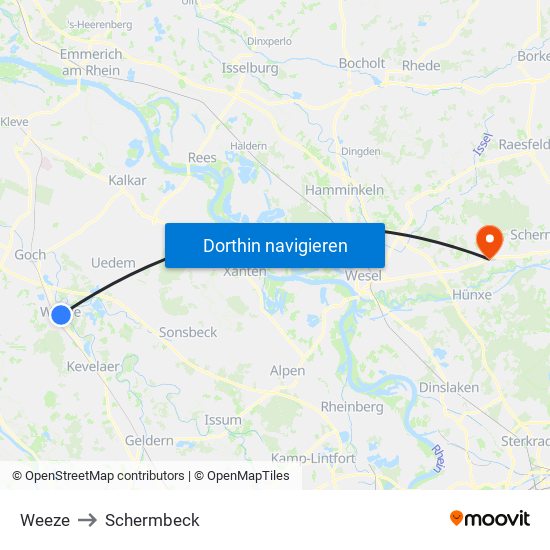 Weeze to Schermbeck map