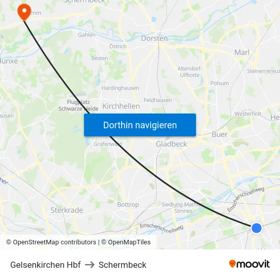 Gelsenkirchen Hbf to Schermbeck map