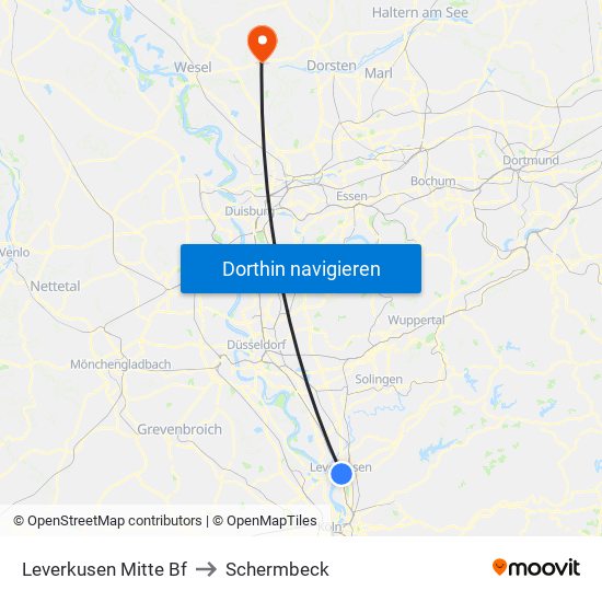 Leverkusen Mitte Bf to Schermbeck map