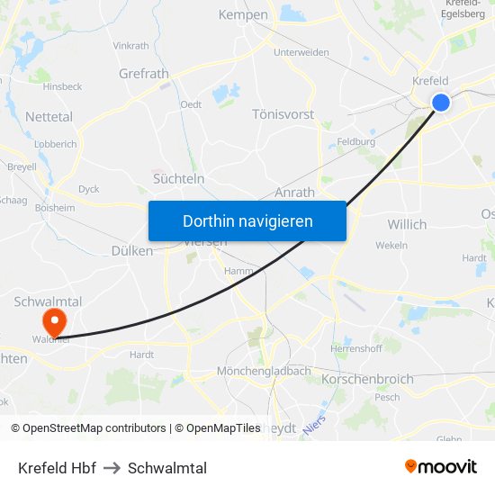 Krefeld Hbf to Schwalmtal map