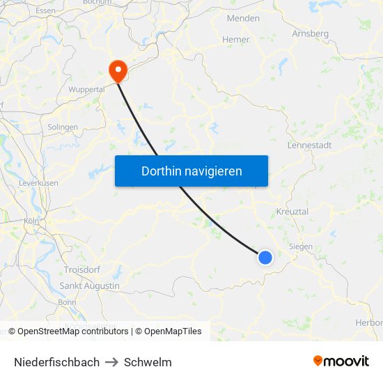 Niederfischbach to Schwelm map