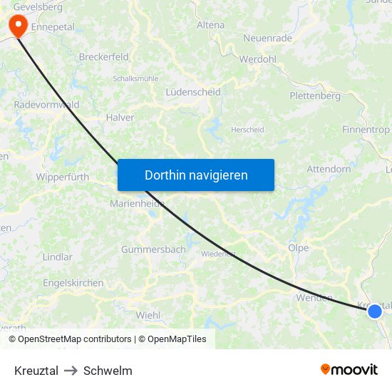 Kreuztal to Schwelm map