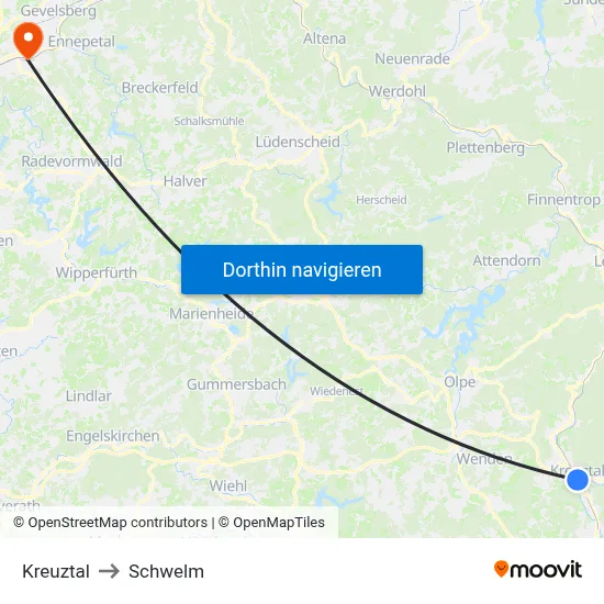 Kreuztal to Schwelm map