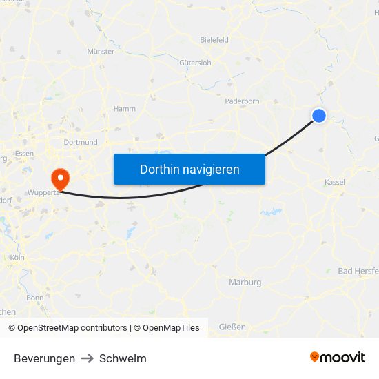 Beverungen to Schwelm map