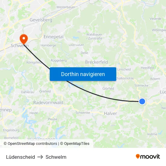 Lüdenscheid to Schwelm map
