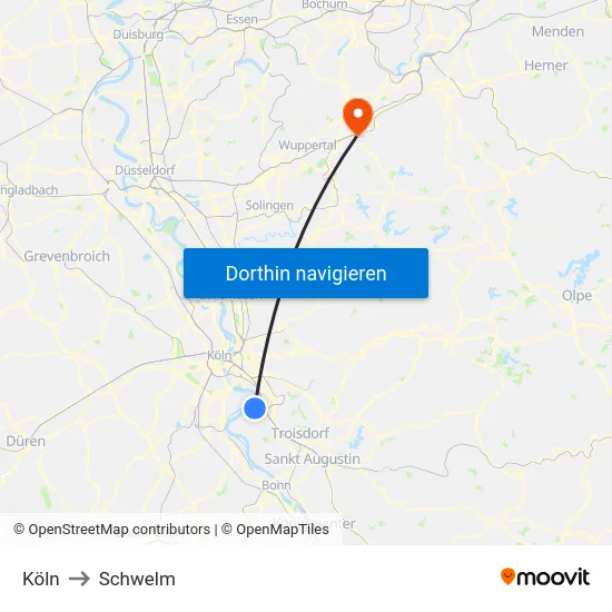 Köln to Schwelm map