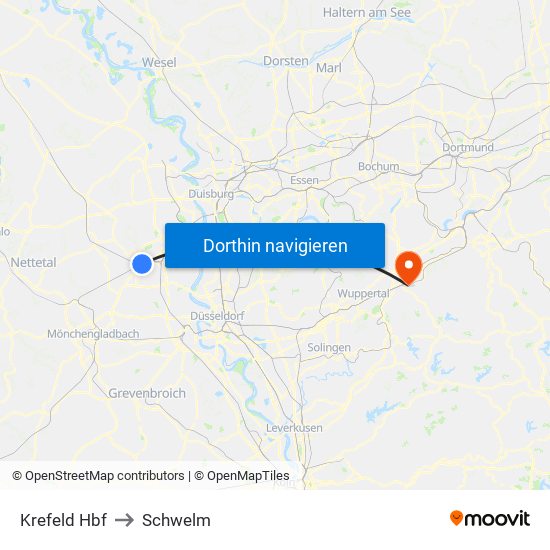 Krefeld Hbf to Schwelm map