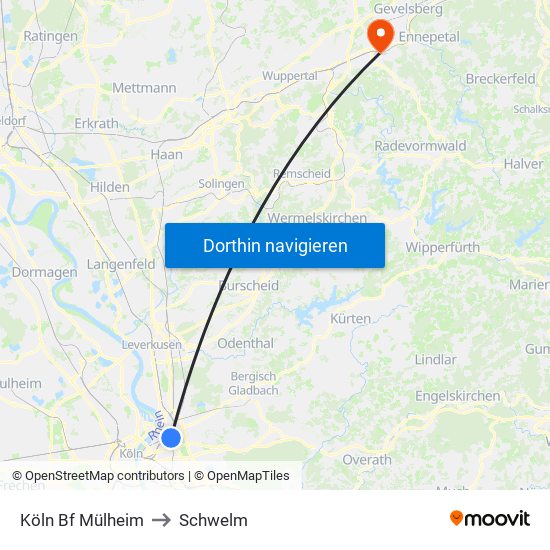 Köln Bf Mülheim to Schwelm map