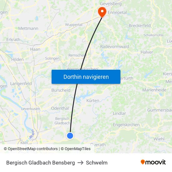 Bergisch Gladbach Bensberg to Schwelm map