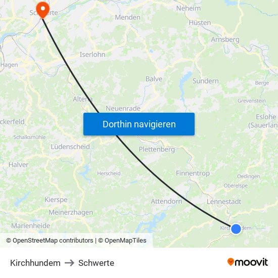 Kirchhundem to Schwerte map